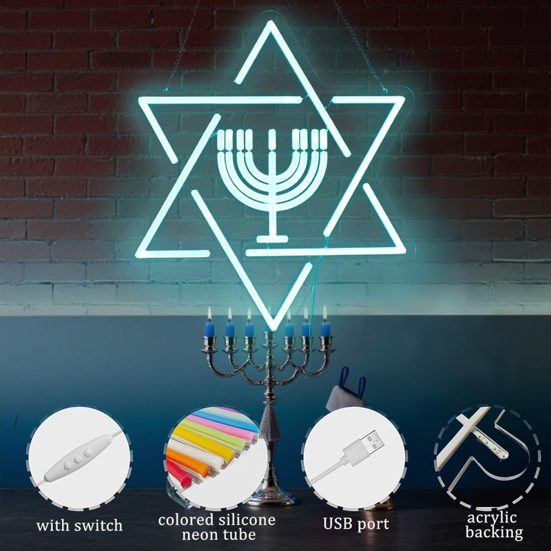 Hanukkah Star of David & Menorah Neon Sign - Jewish