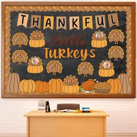 Mooliwe 88 Pcs Thanksgiving Turkey Bulletin Board Set Thankful Little Turkeys Pumpkin Cutouts Classroom Decoration DIY Photo Crafts for Autumn Harvest Thanksgiving School Chalkboard Wall Decor