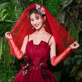 Mrotrida Women's Floral Embroidery Fingerless Long Gloves Sheer Tulle Wedding Bridal Prom Lace Hook Finger Gloves, Red, One Size