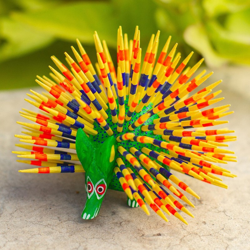 NOVICA Artisan Handmade Copal Wood Alebrije Yellow Green Porcupine Sculpture
