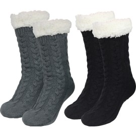 Sooneeya Winter Slipper Socks for Women Christmas Warm Cozy Soft Fuzzy Thick Socks Slipper Non Slip Non Skid with Grippers Black Grey -2 Pairs