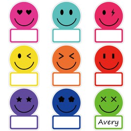 Whaline 135Pcs Rainbow Smile Face Name Tag Sticker Back to School Nameplate Sticker 9 Designs Happy Face Bright Colors Label Decal Cute Classroom Bulletin Board Decor for Office Desk Wall Decor