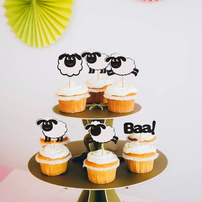 Ercadio 24 Pack Sheep Cupcake toppers Black Glitter Farm Animals