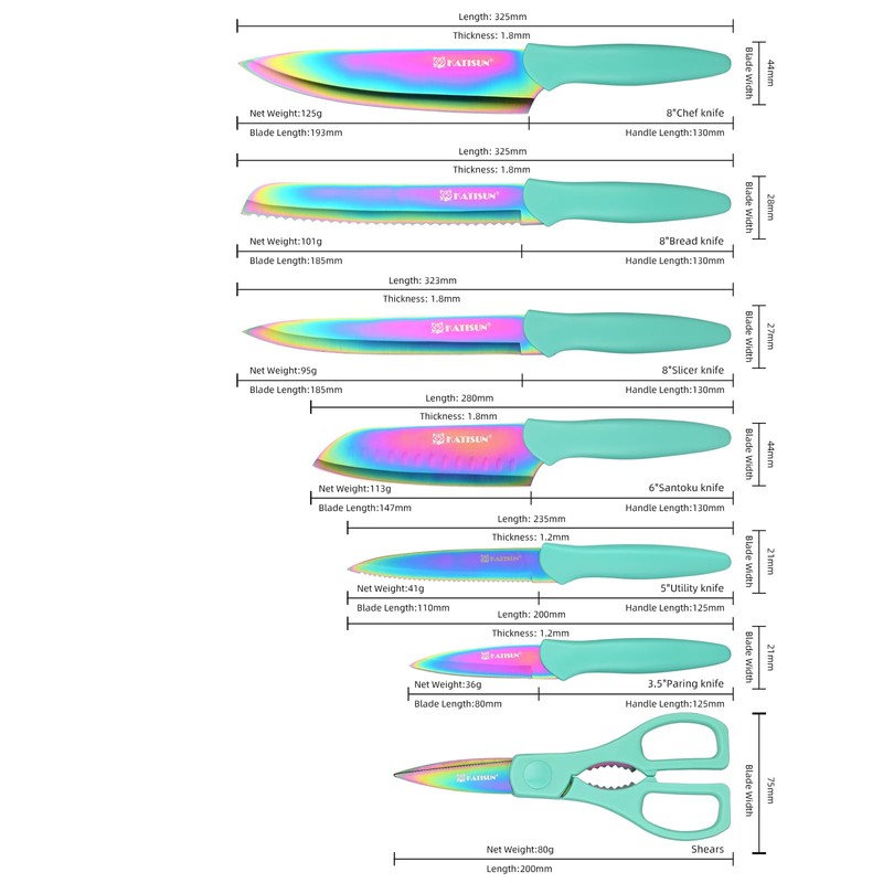 KATISUN Kitchen Knife Set with Guards, 13 Piece Rainbow Titanium