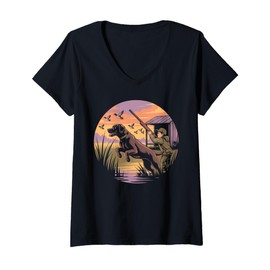 Womens Local Boy Black Lab Marsh Scene Sunset Vintage Country V-Neck T-Shirt