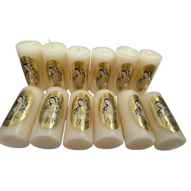Velas Decorativas de la Virgen de Guadalupe, 8 cm x 3,5 cm, Set de 12, Color Crema con Diseño Dorado