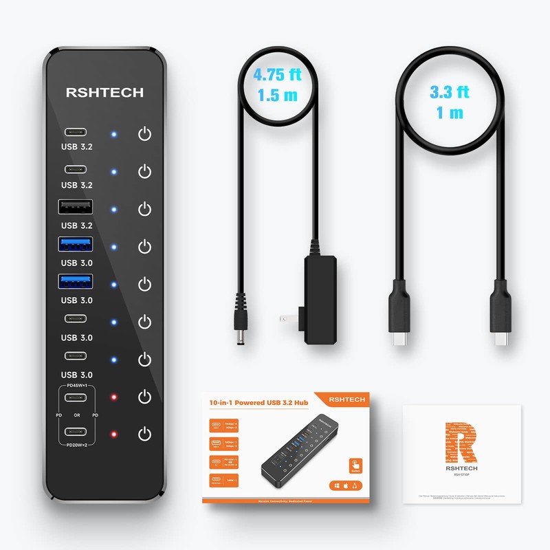 RSHTECH 10-Port Powered USB C Hub 66W with 3x10Gbps USB-3.2