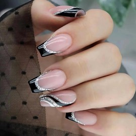Black Nails French Tip - Glitter False Nails with Glue - 24PCS Coffin Press on nails - Gothic Ballet Fake Nails - Stick on nails for Women Long Lasting - Medium Nail Tips Glue On