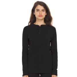 Long Sleeve Women's Henley - 100% Merino Wool - 3 Button Front Closure - Base Layer - Black - Medium