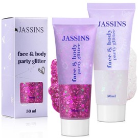 JASSINS 2 Colors Body Glitter, 100ml Face Glitter for Women Girls Kids, Glitter Gel Makeup Tween Gifts, Singer Concerts Festival Rave Accessories, Chunky Mermaid Sequins Glitter (Rose-red and White)