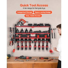 VEVOR Power Tool Organizer Wall Mount, 4-Layer Storage Rack with 8 Drill Holders, Tools Holder and Storage Rack with Side Pegboards, Garage Tool Organizer for Garage, Workbench, and Workshop