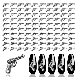JERCLITY 100 Pieces Pistol Shape Silver Nail Charms Gun Charms 3D Nail Decoration Sticker Flat Back Pistol Alloy Nail Stickers for Nails Big Gun Punk Accessories for DIY Crafts Nail Art Decorations