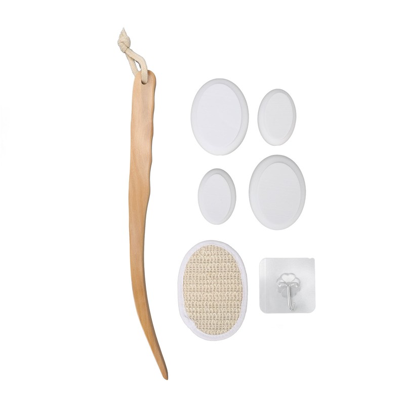 Lotion Applicator EVA Wooden Handle 4 Replaceable Pads Shower Brush