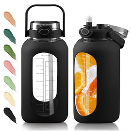 SIEROZUR 74 oz Glass Water Bottle with Straw and Lid Large Gallon Water Bottle with Silicone Sleeve 2.2 Liter Sports Water Bottles with Time Marker For Gym, Workout,Wide Mouth