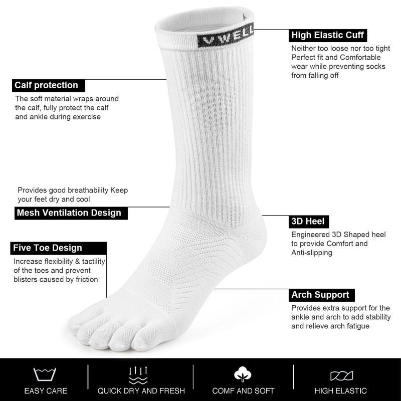 VWELL Toe Socks for Men Women Running COOLMAX Mid-Calf Finger