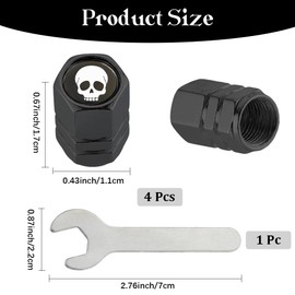 CREATCABIN Set of 4 Tyre Valve Caps with Skull Motif, Airtight, Dustproof, Tyre Air Cap, Wheel Valve Cap, Metal, Black, Hexagonal Alloy Wheel Accessories, Corrosion Resistant, 1.1 x 1.2 cm
