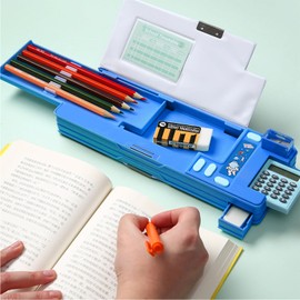 Ristpal Pop Up Multifunction Pencil Case for Girls Boys Cute Cartoon Pencil Box Organizer Stationery Sharpener Schedule Whiteboard School Supplies, blue, Multifunctional