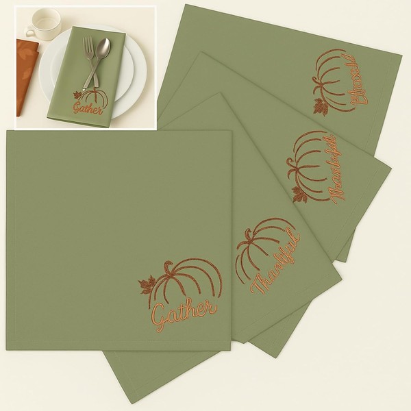 Mindsoft Fall Thanksgiving Napkins Cloth Set of 4 Embroidered Pumpkin