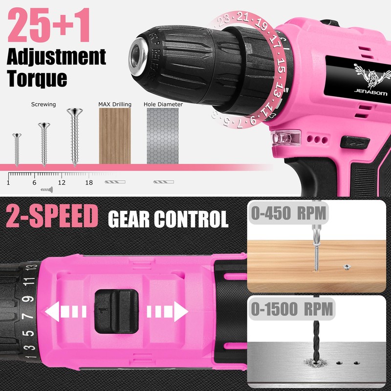 JENABOM Pink Tool Set - 12V Cordless Drill Kit, 151