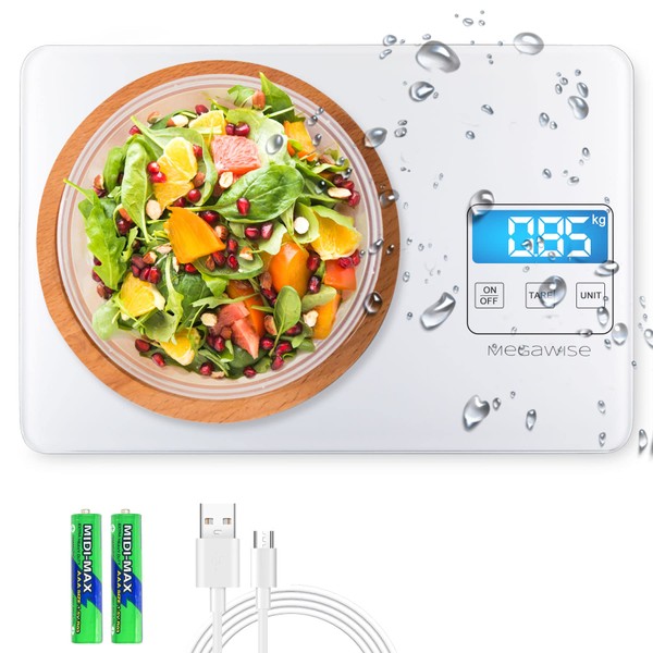 MegaWise Rechargeable Digital Kitchen Food Scale, Weight Grams and Ounces for Cooking Baking, 1g/0.04oz Precision, 5 Units Conversion Tare Function, Waterproof Tempered Glass 2g Minimum Weight