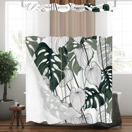 Tititex No Hooks Snap in Liner Tropical Botanical Palm Leaves Shower Curtain Sets, Hotel Luxury Double Layers Waterproof Fabric & See-Through Top Window Bathroom Decorative 72x72 Inch