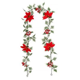 Artificial Christmas Garland 5.7ft Faux Green Holly Leaves with Red Berry and Christmas Flower Garland Xmas Hanging Vine for Winter New Year Christmas Indoor Outdoor Home Fireplace Door Decoration