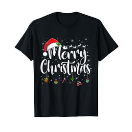 Merry Christmas Lights Santa Hat Xmas Family Matching Pajama T-Shirt