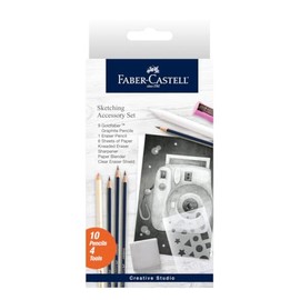 Faber-Castell Set Accesorios de Sketch, Incluye 9 lápices de Grafito Goldfaber (2H, H, 2-HB, B, 2-2B, 4B, 6B), lápiz borrador, 6 Hojas de Papel de 4" x 6", goma moldeable, sacapuntas, difumino
