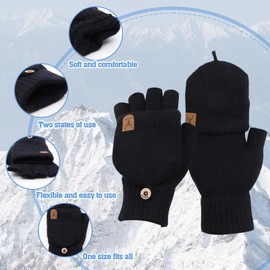 VEGCOO Women's Winter Warm Mittens with Cover Half Finger Knitted Mittens Convertible to Two Shapes, Black-2, One size