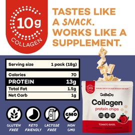 GoBeDo Collagen Protein Chips – First Collagen-Based Snack, 13g Protein, Low Carb, Keto Friendly, Healthy Chips & Crisps, Alternative to Collagen Powder, 10 Bags Tomato Basil Flavor