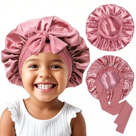 2Pcs Baby Silk Satin Bonnet for Kids Sleeping Cap - Elastic Wide Band Hair Bonnets,Ajustable Satin Bonnet with Tie,Shower Cap Curly Natural Hair Kids Bonnets for Girls Boys Infant - Rose Gold