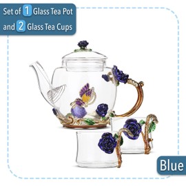 BTaT- Floral Glass Tea Set for Adults, Service for 2, Fancy Glass Pot(8 oz) & Cups(2 oz), Blue Butterfly & Flower Design with Gift Box, Tea Pot Sets for Women Gift