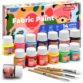 Colozoo Textile Paint Washing Machine Resistant 14x20ml | Fabric Paint Set Inc. Gold, Silver & 2 Neon Colours & 3 Brushes | Textile Paint for Dark and Light Fabrics