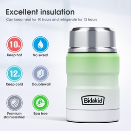 Bidakid Insulated Food Jar Set – 25.4oz & 17oz Stainless Steel Containers with Folding Spoon and Carrying Bags – Leak-Proof, Keeps Food Hot or Cold for up to 12 Hours – Ideal for Work, School, Travel