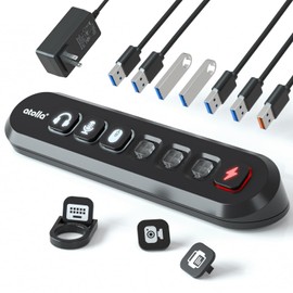 atolla Hub USB, 7 Puertos Multi USB 3.0 Hub con interruptores de Iconos Individualmente y Adaptador de 12V / 3A, 6 Botones enchufables de Repuesto con Iconos, para Windows, macOS, ChromeOS y Linux