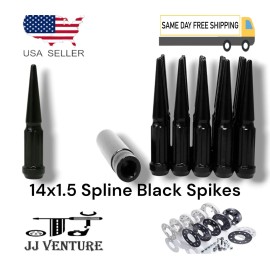 TJ 20Pc Black 4.5" Spline 14x1.5 Spike Lug Nut+Key Fit Chevy Camaro Corvette &More