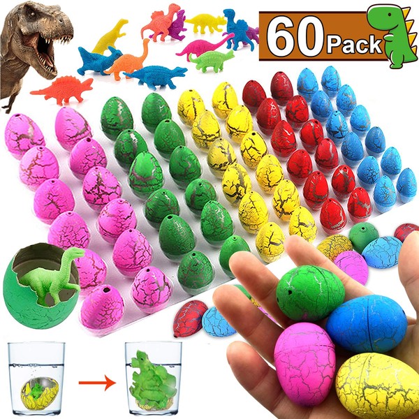 iGeeKid 60 Pack Easter Dinosaur Eggs Hatching Dino Egg Grow in Water Crack with Assorted Color Hunting Game Easter Basket Stuffers Birthday Easter Gifts Party Favors for Toddler Kids 3-10 Boys Girls