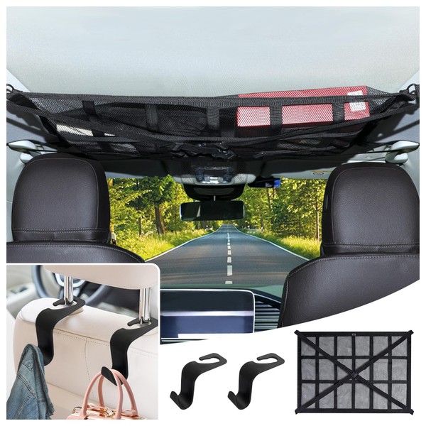 Car Ceiling Cargo Net with 2*Headrest Hook,Large Capacity Anti-Fall Cargo