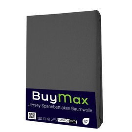 Buymax® Fitted Sheet 140 x 200 cm Cotton 100% Jersey Fitted Sheet Mattress Height up to 25 cm Anthracite Oeko-Tex Standard