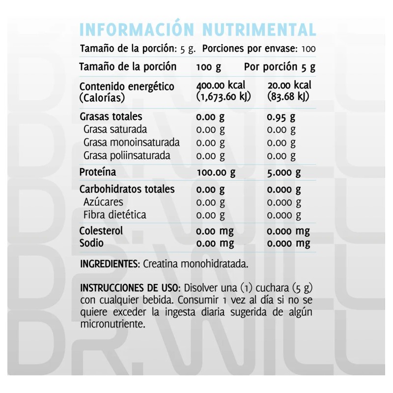 Dr Will Creatina Monohidratada 500g | 100 Servicios