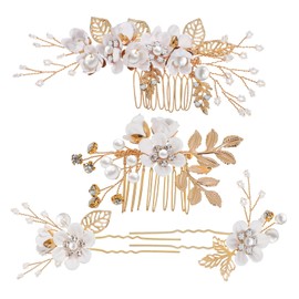 IWOWHERO 1set Flower Hair Combs Rhinestones and u Shaped Hair for Wedding Prom and Parties for Brides and Girls