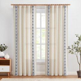 jinchan Linen Curtains for Bedroom Blue Vintage Floral Farmhouse Curtains 84 Inches Long Boho Curtains for Living Room Embroidered Bordered Drapes Light Filtering Rod Pocket Blue on Beige 2 Panels