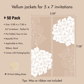 AZAZA - Paquete de 50 chaquetas de vellum preplegables para invitaciones de 5 x 7 pulgadas, elegantes mangas de invitación translúcidas, chaquetas de vellum de 115 g/m², accesorios de invitación de