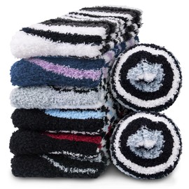 Mens Fuzzy Socks, Warm Winter Fluffy Cozy Slipper Fleece Socks for Men, B-Light Pinstripes(6 pairs)