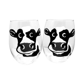 Dairy Cow Hand Painted Country Stemless Wine Glasses Set of 2