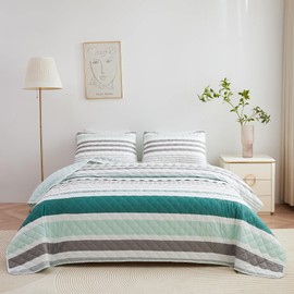 Bedmoon Quilt Full/Queen Grey & Green Striped, Lightweight Reversible Quilt Bedding Set, 3 Pieces Soft Bedspread, All Seasons Microfiber Coverlet Queen Size