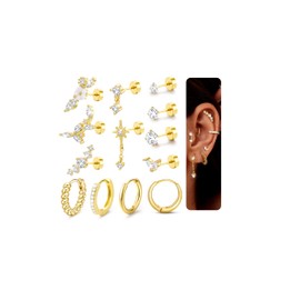 J.Fée Helix Piercings Earrings Set, 13 Pieces Earrings Silver 925 Stud and 9 Pairs 316L Stainless Steel Stud Earrings Gold and Silver Women's Earrings Piercing Ear Jewellery Gifts for Women, Silver