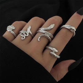 Wendalern Snake Rings Set Open Snake Stacking Rings Gothic Animal Band Rings Vintage Silver Adjustable Ankle Ring Set Jewellery for Women Girls (Pack of 5)