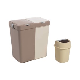 Mabel Home Plastic Laundry Hamper with Lid, 2 sections, Large Laundry Basket – Extra Trash Bin (1,6 Gallons) inc. (Brown-Cream)