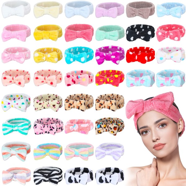 Yinder 40 Pack Bow Spa Headband Coral Fleece Makeup Headband Soft Face Wash Headband Cosmetic Skin Care Headbands Facial Head Wraps Cute Bow Head Bands for Women Girls Shower Supplies (Various Style)